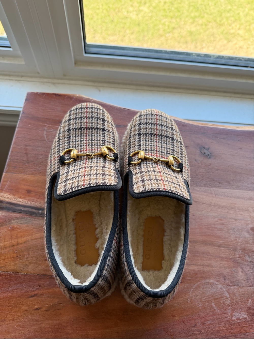 Gucci Beige/Brown Plaid Wool Horsebit Loafers - Picture 2 of 8